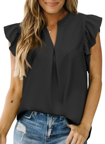 KISSMODA Womens Summer Tops Ruffle Short Sleeve V Neck Blouses Casual Dressy Solid Shirts for Ladies A Black