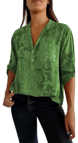 Oyuchga Hemdbluse Damen Oversized Einfarbige Langarm Festliche Blusen V-Ausschnitt Aufrollbaren Ärmeln Longshirt Pailletten GlitzerLangarmshirt Casual Locker Bluse Tops mit Taschen(A Grün,XXL)