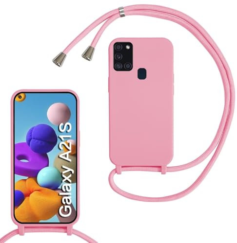 xinyunew Handykette für Samsung Galaxy A21S Hülle mit Band, Handyhülle mit Schnur zum Umhängen, weiche TPU Silikonhülle mit Band [abnehmbar] Halskettenhülle für Samsung Galaxy A21S-Rosa