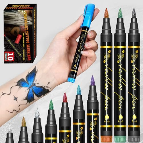 LAPLBEKE Tattoo Stifte, 10 Stück Temporäre Tattoo Marker für Skin, Wasserfest Glitzer Tattoo Stift Pen, Temporäre Tattoo Körpermarker