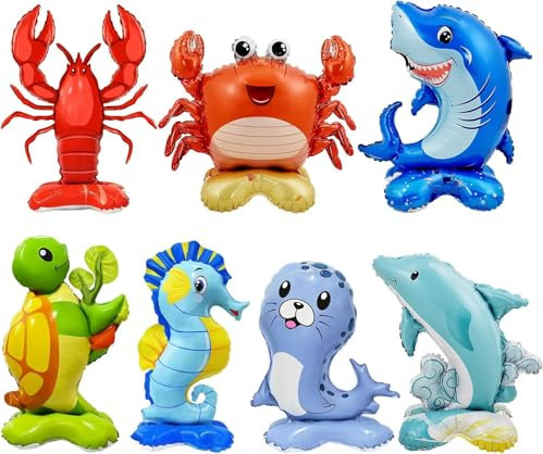 Meerestiere Folienballons 7 Stück 3D Stehender Unterwasserwelt Luftballons Delfin Shark Krabben Seepferdchen Seehund Schildkröte Folienballon für Unterwasser Geburtstag Deko, Ozean Thema Party