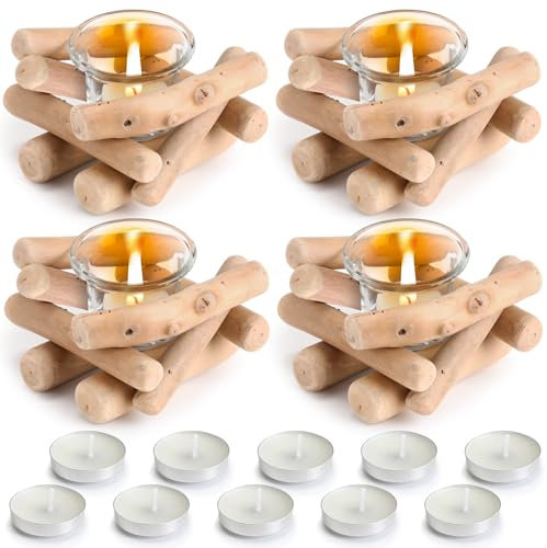 Mumufy 4 Pack Wooden Tea Light Candle Holder with Glass Cup and 10 Tea Candle Rustic Country Decorations Vintage Table Centerpiece for Wedding Christmas Farmhouse Home Altar Decoration