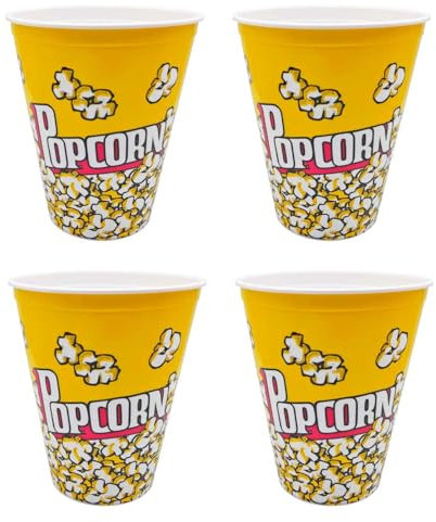 Tradineur - Pack de 4 cubos de palomitas de plástico, recipientes reutilizables para cine en casa, fiestas, celebraciones (Amarillo - 18 x 14,5 x 9,5 cm)