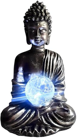 Divas World Resin Buddha Solar Light Ornament with Crackled Glass Ball – 25cm Zen Sitting Buddha Outdoor Garden Statue Decorative Figurine for Patio Balcony Yard Meditation Decor (25 x 12 x 17 cm)