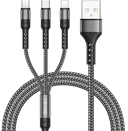 RAVIAD Câble Multi USB, 3 en 1 Câble Universel [3M] Multi USB Câble Long de Chargement en Nylon avec Micro USB Type C Lightning Câble pour iPhone, Samsung Galaxy S25, Huawei, Honor - Gris