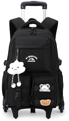 NIWEIYA Black Rolling Backpack with Wheels for Girls Boys, Kids Roller Wheeled Backpack Middle School Bag, Trolley Rolling Bookbag on 6 Wheels