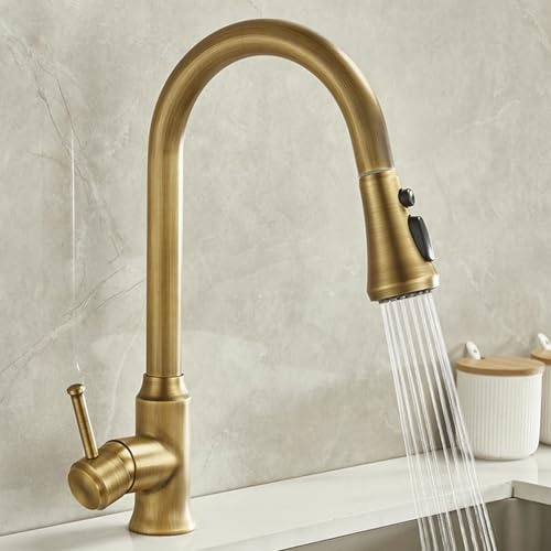BiaoTeng Kitchen Sink Taps with Pull Out Spray Retro 3 Mode 360 Swivel Hot and Cold Single Hole Kitchen Mixer Tap Brass Antique