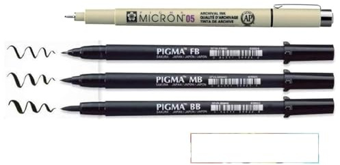PIGMA MICRON Sakura Brush Pen. Filzstift, Schwarz, Pinselspitze FB, MB, BB und 05 + 1 Karte