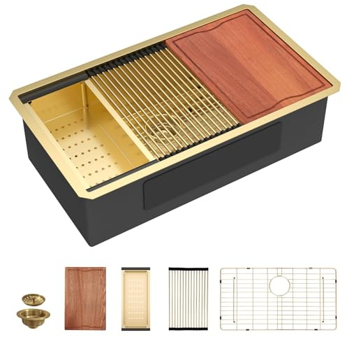 Dcolora 36 in. Gold Undermount Kitchen Sink, Workstation with Valued Accessories, Heavy Duty 16 Gauge 304 Stainless Steel Luxury Gold Nano-PVD, 36x19x10 Large Single Bowl #DC-U2533007GW