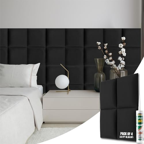NOVECRAFTO Velvet Padded Wall Panels Set of 4 - Black Upholstered Anti-Collision Panels with Adhesive - H11.8 x W11.8 (30x30cm) Cushioned Paneling for Beds, Kids Room, Hallways & Feature Walls