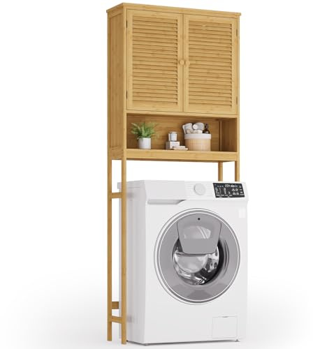 Xbro Armadietto Lavatrice, Mobile Salvaspazio per WC, con Ante e Ripiano Aperto, per Lavanderia e Bagni Piccoli, 66x26x170 cm,Colore legno di bambù