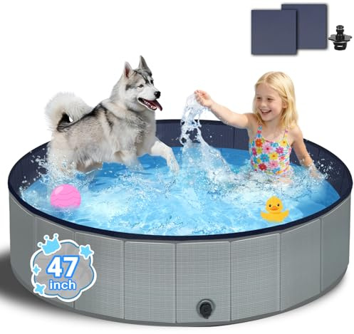 Bamda Foldable Dog Pool - 47 Kiddie Pool with Hard Plastic - Non-Slip Thickened Bottom Portable Pet Swimming Pool for Small Medium Large Dogs, Puppies & Kids(Gray)