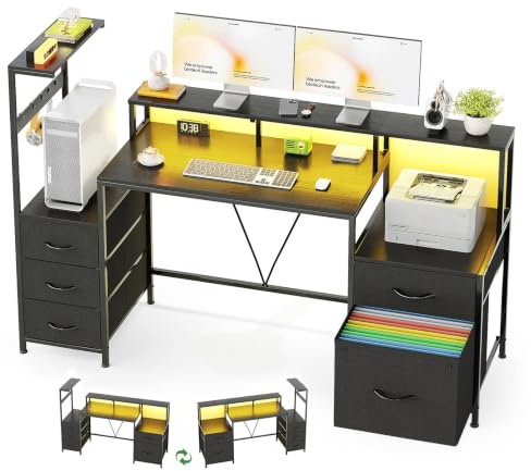 MUTUN 160cm Computer Desk with Printer Stand and Storage Shelves, Reversible Home Office Desk with Fabric Drawers and Monitor Shelf, Writing Work Desk for Bedroom Living Room Study, Black