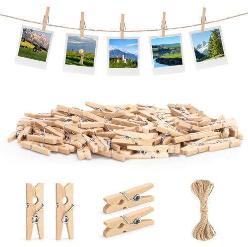 jijAcraft 2.5cm Mini Wooden Pegs: 100Pcs Mini Pegs for Hanging Photos Cards | Natural Small Wooden Peg, Display Clips with 10M Jute Twine for DIY Crafts, Wedding Decoration