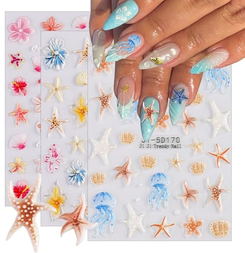 Adesivi Unghie Estate, 3pcs Oceano Adesivi Unghie, Stickers Nail Estivi, Conchiglie, Stelle Marine, Meduse, Fiori e Tema Spiaggia, Accessori per Nail Blu e Oro per Donne, decorazioni per Nailart