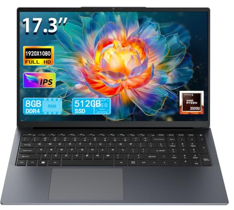 IJKKJI 17-Inch Laptop, Ryzen5 3500U up to 3.7GHz, 8GB RAM, 512GB SSD, IPS FHD Display, Backlit Keyboard, RJ45,Webcam, Win 11