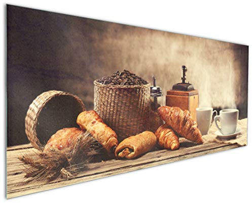 Wallario Küchenrückwand aus Glas 125 x 50 cm, Motiv: Französisches Frühstück mit Café und Croissants | Spritzschutz abwischbar & pflegeleicht