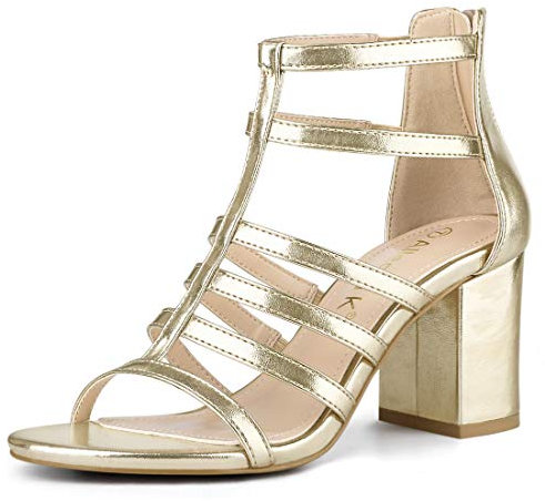 Allegra K Women's Cage Strappy Gladiators Chunky Heels Sandals Gold 5 UK/Label Size 7 US
