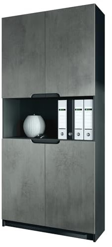 Vladon Büroschrank Logan V2, Made in Germany, Aktenschrank mit 5 Fächern und 4 Türen, Schwarz matt/Beton dunkel Optik (82 x 184 x 37 cm)
