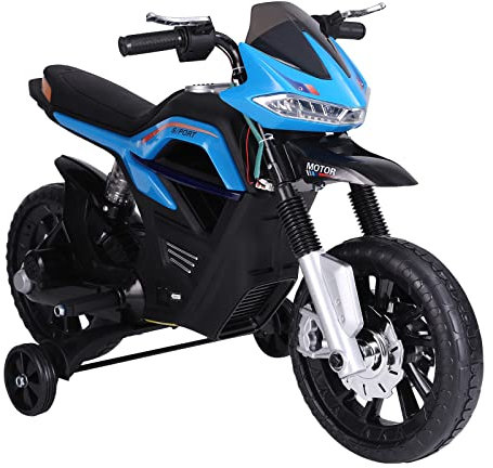 HOMCOM Kindermotorrad Kinder-Elektromotorrad Elektro-Motorrad für Kinder 3-6 Jahren Licht Musik MP3 Elektrofahrzeug mit Stützrädern maximal 3 km/h Metall + Kunststoff Blau 105 x 52,3 x 62,3 cm