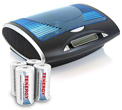 Tenergy Premium - Pilas Recargables Tipo C y Cargador de batería Inteligente T9688 LCD para baterías NIMH/NICD AA/AAA/C/D/9V, 4 Unidades tamaño C de Pilas y Cargador