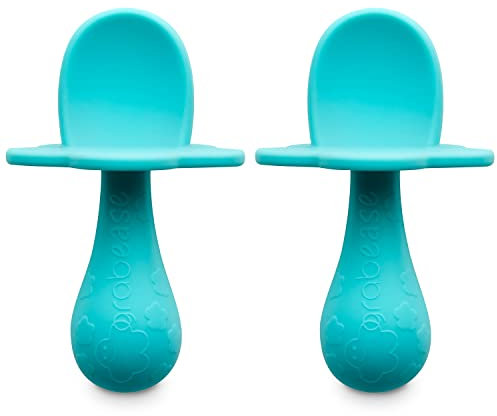 GRABEASE First Stage Lot de 2 cuillères en silicone pour bébés et tout-petits | Ustensiles pour bébé | Idéal pour le sevrage LED de bébé et l'auto-alimentation (bleu sarcelle)