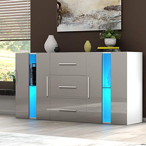 Panana Modern Sideboard High Gloss Fronts Storage Cabinet Cupboard with Three Drawers and Two Doors RGB LED Lights Living Room Hallway White (White and Grey Front)