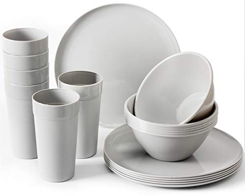 Youngever 18 Pieces Grand Service de Table en Plastic, Grand Bol 1000ML, Grand Assiette 25CM, Tasse 600ML (Gris)