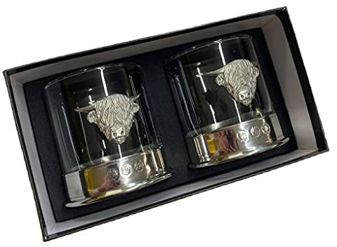 KWH Pair Of Stunning Pewter Scottish Highland Cow Coo Whisky Tumblers Whiskey Glasses In Presentation Box