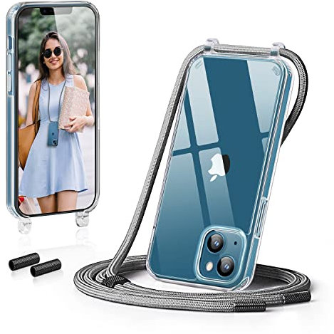 GOODVISH Handykette Kompatibel mit Apple iPhone 13 6,1 Display, Necklace Hülle mit Band Handyhülle für zum Umhängen, Transparent Case mit Schnur, Kameraschutz und Bildschirmschutz, Silber