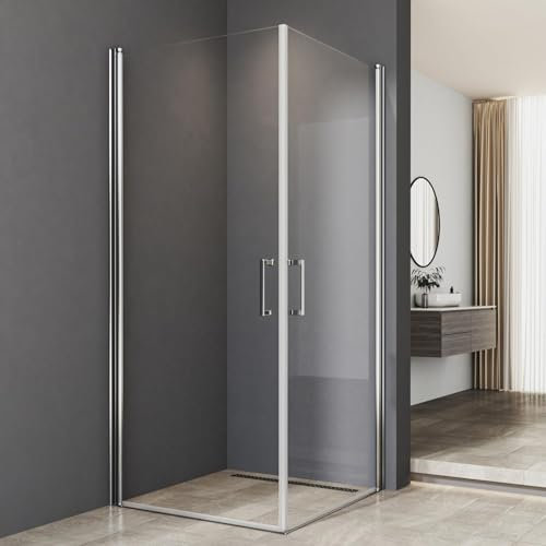 Cabine de douche avec porte battante 90 x 90 cm - Entrée d'angle - Paroi de douche en verre trempé nano de 6 mm - Hauteur 195 cm