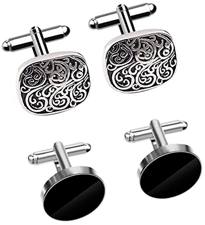 2 Pairs Cufflinks for Men, Stainless Steel Classic Cufflinks Black Round and Square Retro Knot French Striped Shirt Suit Button Cuff Link Kit For Wedding Business Graduation Jewelry Gift