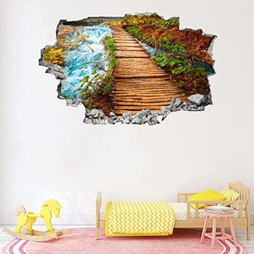 Straße Wandtattoo Aufkleber Wandbild Landschaft Mauerloch 3D Durchbruch Effekt Wandsticker Wasserfall Selbstklebend Wandaufkleber Wanddeko fürs Wohnzimmer Schlafzimmer Bad Kinderzimmer Tapeten Deko