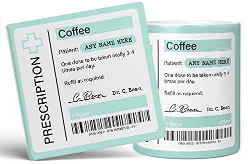 Mug Monster - Prescription for Coffee Mug, Personalised Leaving Gift for Colleague - Ceramic Coffee Cup, Gift Men or Women, Extra Large and Giant Available, 11oz White & Coaster