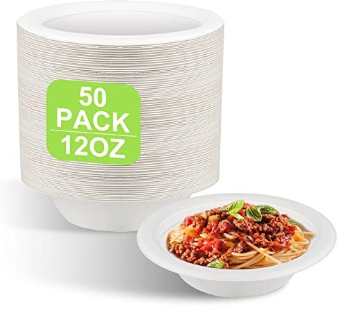 GREENESAGE 50 Pack Disposable Paper Bowls 12oz - Eco-Friendly, Sugarcane Strong White Bowls Soup Bowls for Party Picnic Disposable Bowls for hot Food Christmas