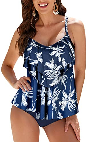 WIN.MAX Damen Tankini Bademoden Sets Hohe Taille Rüschen Volant 2 Stück Bikini Set Schwimmkostüm Plus Size Badeanzug