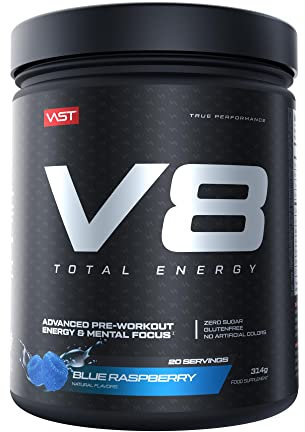 V8 Total Energy – Pre Workout Booster – Trainingsbooster – CarnoSyn®, BetaPower®, natürliches Koffein – Vegan – Zuckerfrei – 20 Portionen – Made in Germany – Blue Raspberry
