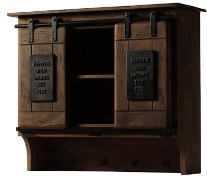 MASSIVMOEBEL24.DE | Railway- Massive Wandgarderobe | braun geölt | aus Mangoholz | offen mit Schiebetüren + Eisenelementen | 90x30x75 | Wandboard Schweberegal Regal