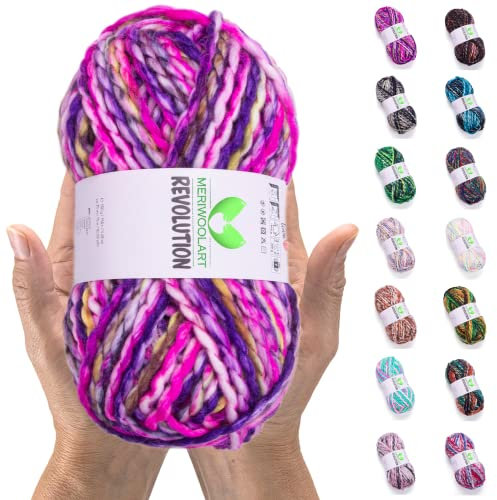 MeriWoolArt Merino Wolle zum Stricken – 75 m Mehrfarbige Dicke Weiche Merinowolle zum Stricken für Pullover Jacken – XXL Handstrickwolle – Voluminöse DIY Wolle für Schals Decken Tücher Geschenke