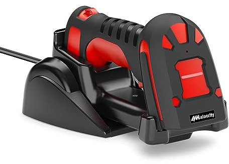 Alacrity Upgraded 2D Industrial Barcode Scanner with Wireless Charging Stand, Bluetooth & 1968 Feet Transmission Distance 433Mhz Wireless 2in1 Barcode Reader, Shock Dust Proof Hands Free, Red