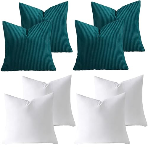 AMEHA Stripe Forest Teal Cushions with Covers included 45 x 45 cm Pack of 4 (4 Covers, 4 Inserts) Decorative Square Throw Pillowcases for Couch Bedroom Sofa with Invisible Zipper 18x18 inches