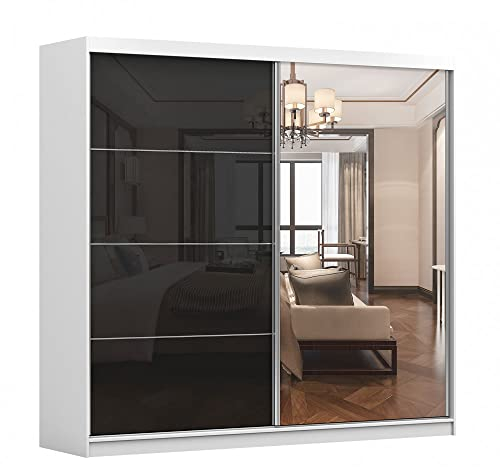 Kleiderschrank M31 mit Spiegel 233 cm, Schwebetürenschrank, Garderobeschrank Schlafzimmer; Wohnzimmerschrank; Korpus Schrank Farbe: Weiß; Farbe der Schrankfront: Schwarz Hochglanz- 2 Schiebetüren