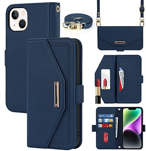 Cavor Case compatible with iPhone 14 Phone Case With Strap,Crossbody Flip Leather Wallet Case,[5 Card Holder][Mirror][Magnetic],Lanyard Case Cover for women - Blue