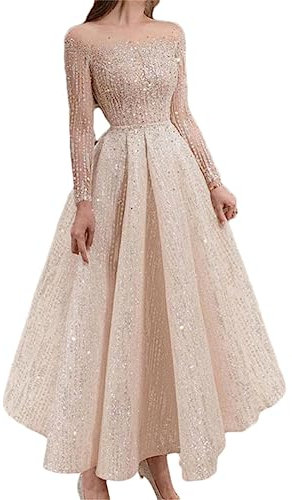 Adhdyuud Damen Langarm Kleid Abend Pailletten Mesh Röcke Elegant Nachtkleid Robe Kleider, rose, Small