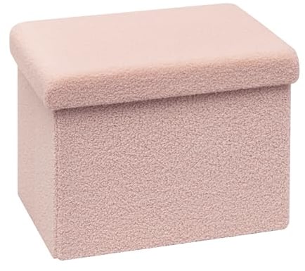 Bonlife Ottoman Seat with Storage,Folding Small Footstool for Living Room,Cube Toy Chest Box,Foot Rest,Sherpa Fabric,Pink,42x32x32cm