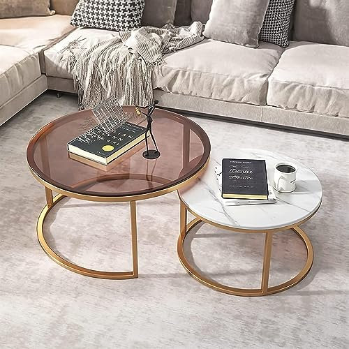 Table basse de salon Tables basses gigognes Lot de 2, Grande table basse ronde en verre trempé Plateau en ardoise Petite table de canapé ronde for salon, Tables gigognes empilables avec robuste ( Colo