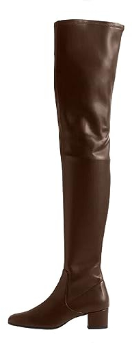 Stivali da Donna Stivali Bassi con Tacco Grosso Stivali Invernali con Punta Alta Stivali alla Moda con Tacco Stivali sopra Il Ginocchio,Marrone,45 EU