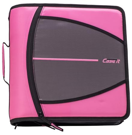 Case-it Mighty D-146 Classeur à fermeture éclair à languette zippée, joint torique de 7,6 cm avec onglets 5 couleurs, porte-documents extensible, bandoulière et poignée, rose clair