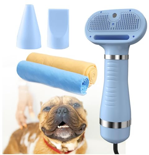 Phon per Cani, 4 in 1 Con Spazzola, 3 Impostazioni Temperatura Regolabile Spazzola Asciuga Cani, E Panno Super Assorbente per Cani e Gatti,blue