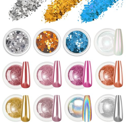 BISHENGYF12 Nail Glitter Chrome Powder for Nails - Pink Gold Silver Mirror Effect Chrome Nail Powder, Aurora Ice Shimmer Pearl Nails Chrome Powders, Glazed Donut Holo Glitter Powder for DIY Salon